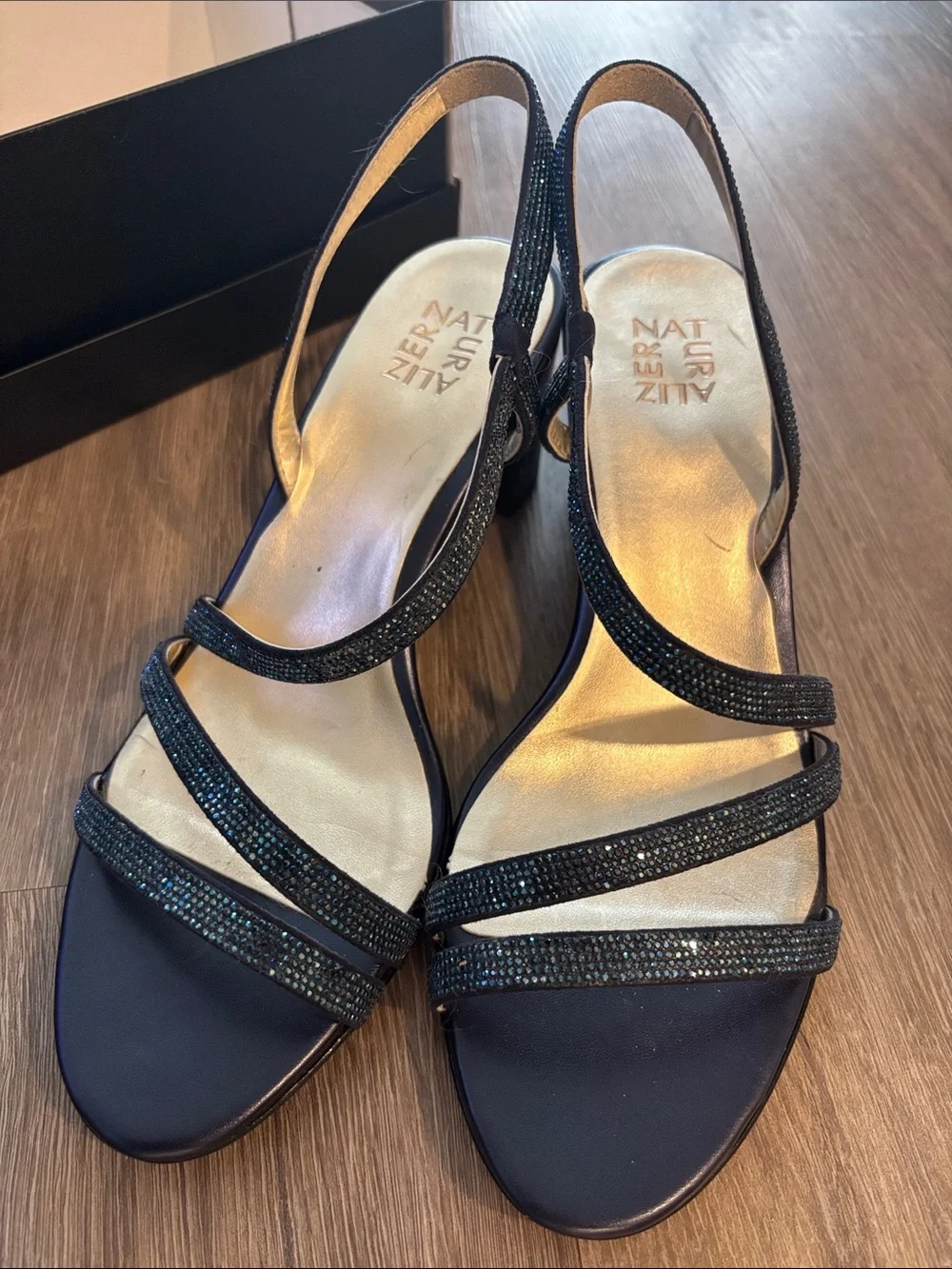 Naturalizer Navy Strappy Block Heel Sandals with Sparkle 11W